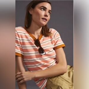 Maeve Anthropologie Shirt Women Medium Orange Stripe Ringer Tee Top Hippie Boho